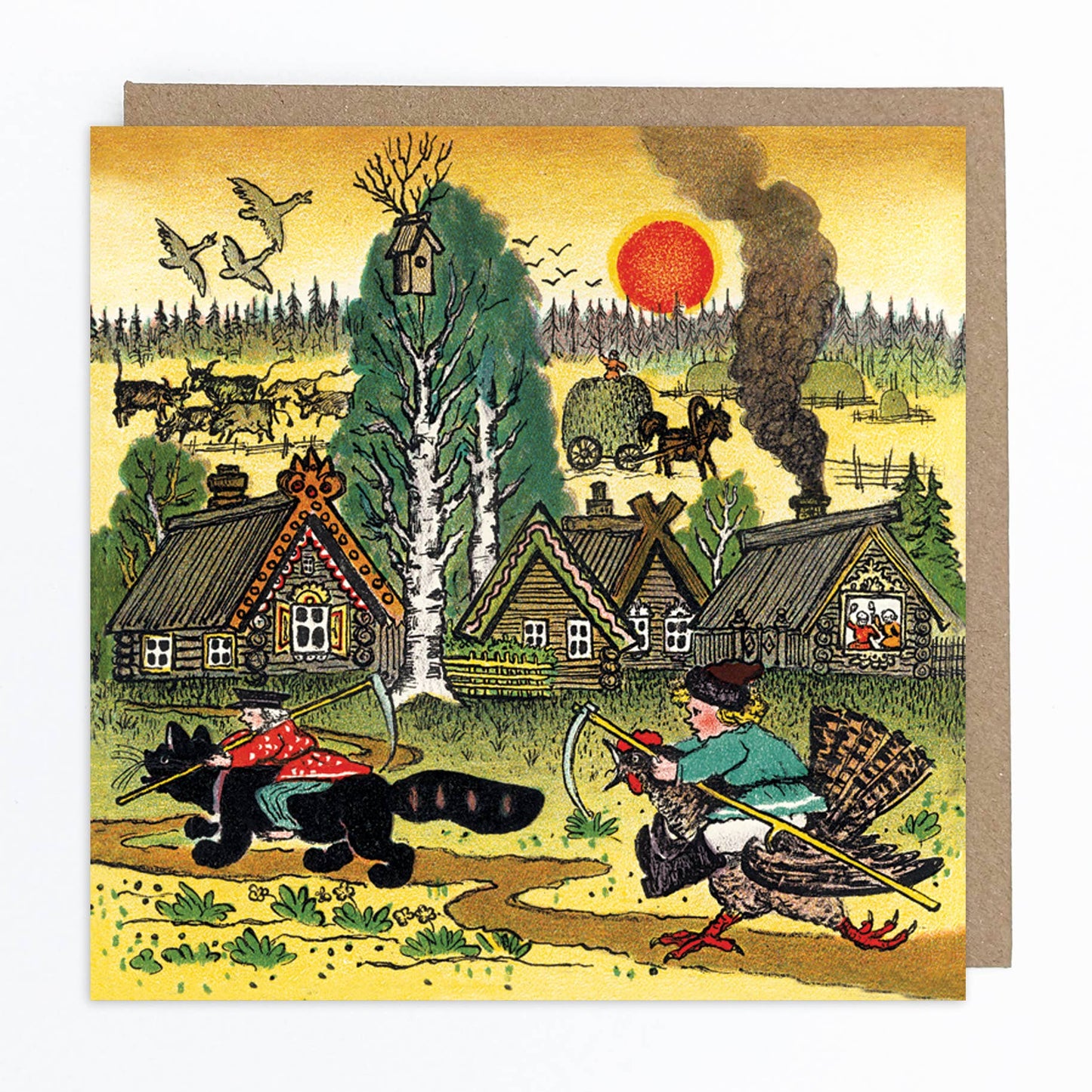 Riding a Chicken, Riding a Cat Greeting Card