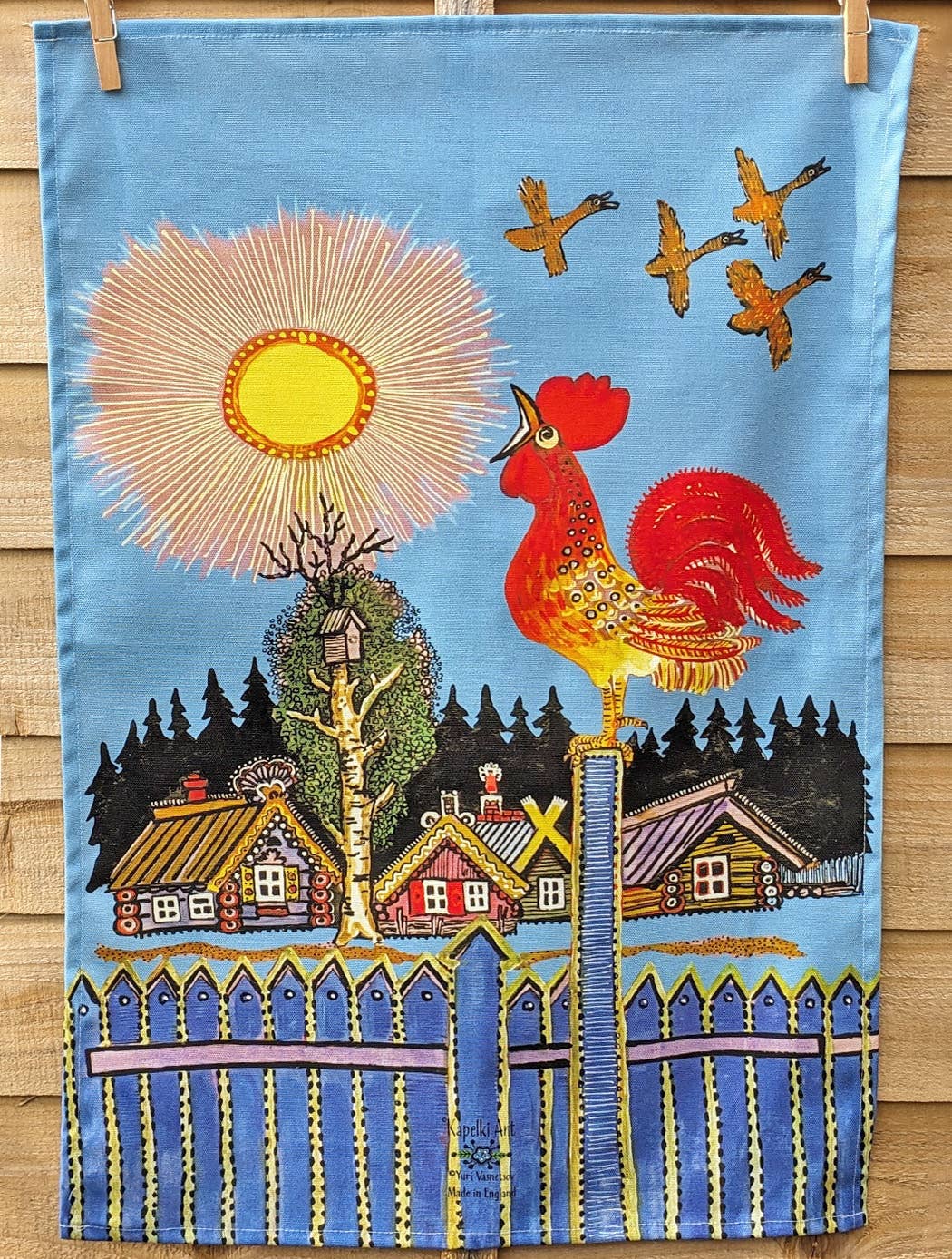 Folk art Rooster Chicken organic cotton kitchen towel