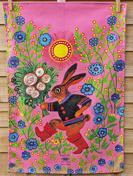 Folk art Bunny with Bouquet organic cotton tea towel