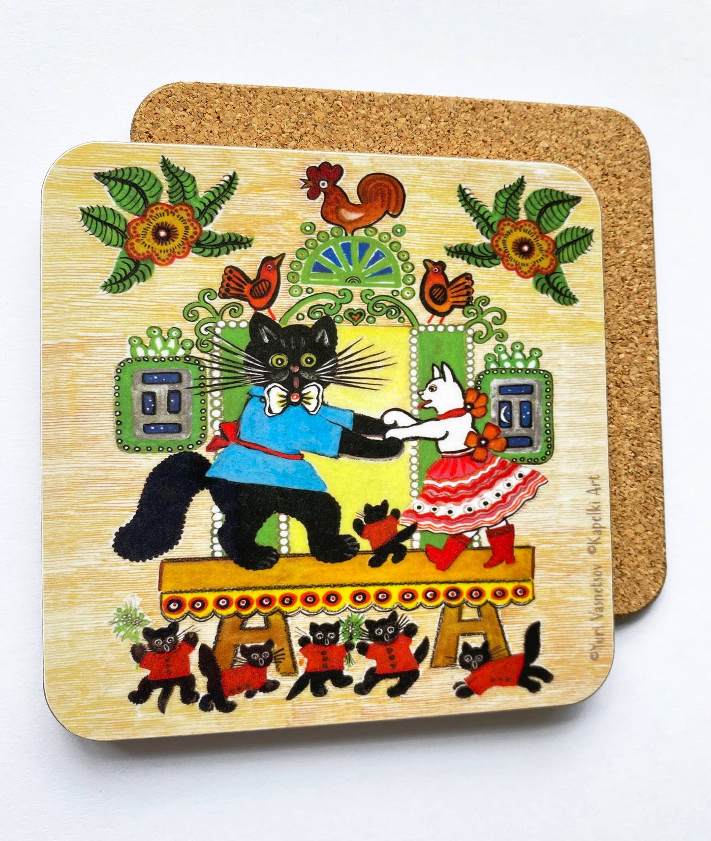 Dancing Cats folk art cork coaster