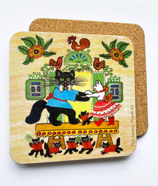Dancing Cats folk art cork coaster