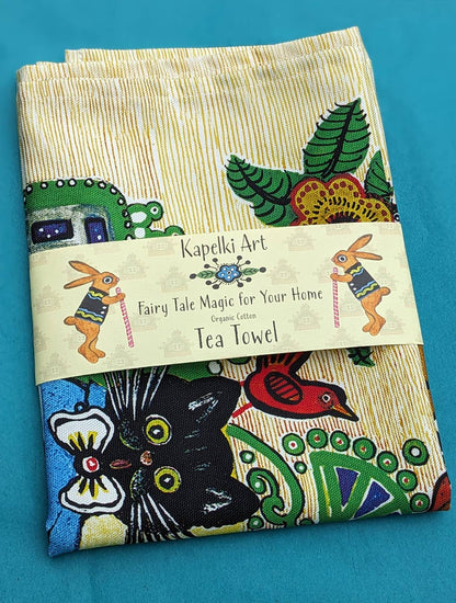 Folk Art Dancing Cats organic cotton tea towel