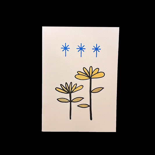 Yellow Flowers Blue Cake Greetings Card
