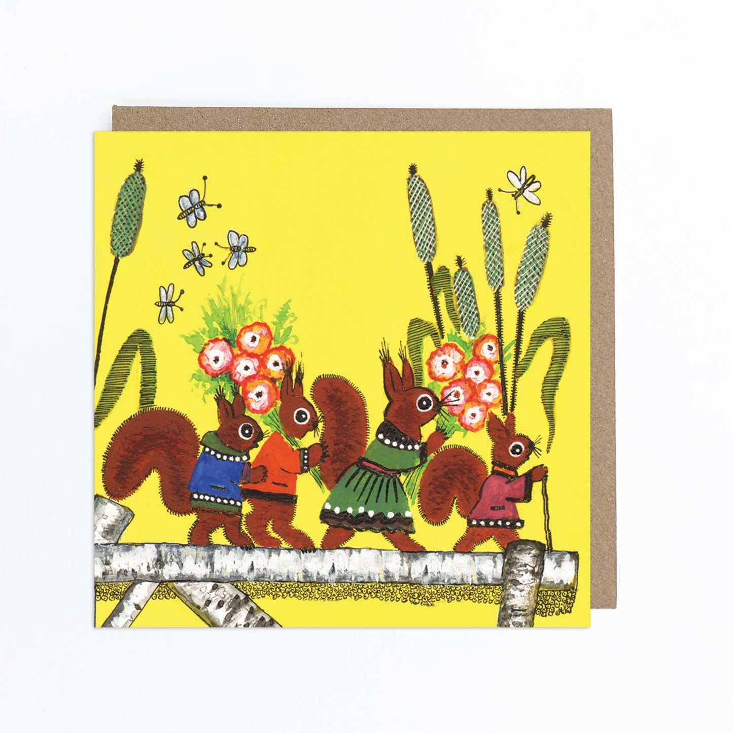 Red Squirrels with Flowers on Yellow Greeting Card