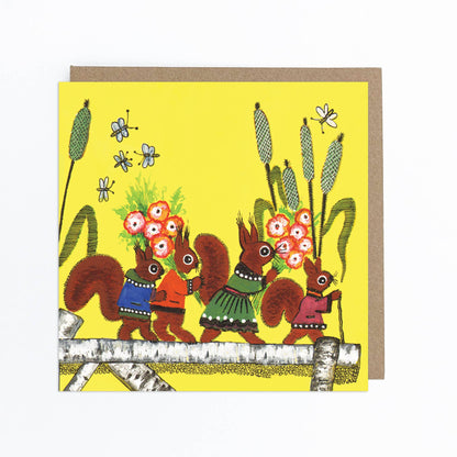 Red Squirrels with Flowers on Yellow Greeting Card