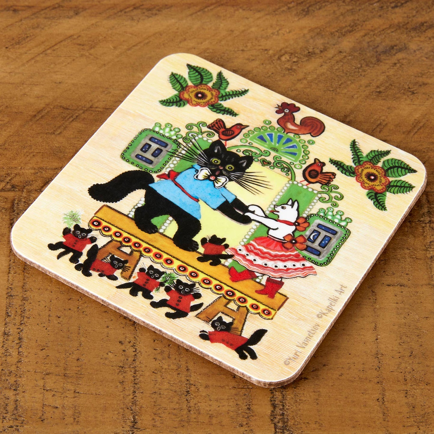 Dancing Cats folk art cork coaster